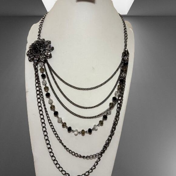 4 for $20 SALE- Flapper Style Gunmetal Layered Rhinestone Brooch Necklace - Picture 4 of 7